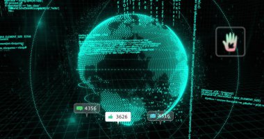 Siyah arkaplana karşı dönen dünya ve veri işleme üzerine sosyal medya simgeleri. Sosyal medya ağı ve iş teknolojisi kavramı