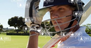 Image of social media icons with growing numbers over caucasian male cricket player. Global social media, sports, communication and digital interface concept digitally generated image. clipart