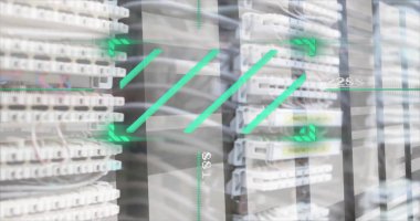 Bilgisayar sunucuları üzerinden veri işleme resmi. Küresel finans, iş, bağlantılar, hesaplama ve veri işleme kavramı dijital olarak oluşturuldu.