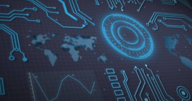 Gri arkaplanda neon yuvarlak tarayıcı, dünya haritası ve veri işleme arayüzü görüntüsü. Bilgisayar arayüzü ve iş teknolojisi kavramı