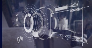 Kapsam, istatistik, şehir manzarası üzerinde veri işleme. Küresel iş, finans ve veri işleme kavramı dijital olarak oluşturulmuş görüntü.