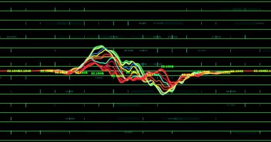 Karanlık arka planda finansal veri işleme resmi. Küresel finans, iş, bağlantılar, hesaplama ve veri işleme kavramı dijital olarak oluşturuldu.