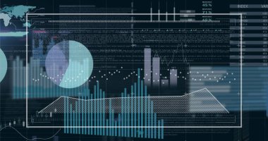 Siyah arkaplana karşı bilgi arayüzü üzerinden grafiklerin ve verilerin resmi. Dijital olarak üretilen hologram, illüstrasyon, rapor, iş dünyası, büyüme, ilerleme, soyut ve küresel kavram.