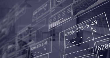 Ofis üzerinde mali veri işlemesi olan ekranların resmi. Küresel iş, bağlantılar, hesaplama ve veri işleme kavramı dijital olarak oluşturulmuş resim.