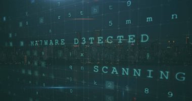 Çoklu metin, alfabe, sayı, soyut arkaplan karşısında mercek parlayan semboller. Dijital olarak üretilmiş, hologram, şifre, güvenlik, koruma, aydınlatma, teknoloji konsepti.