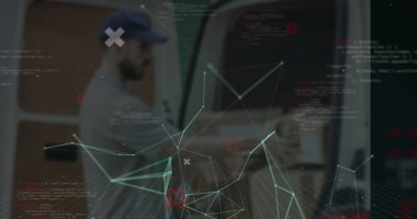 Kafkas erkek kurye üzerinden bağlantı ağı görüntüsü. Küresel iş ve dijital arayüz kavramı dijital olarak oluşturulmuş görüntü.