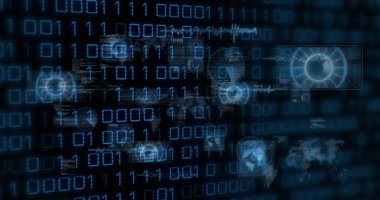 İkili kodların, radarların, haritaların, kürelerin ve bilgisayar dilinin resmi. Dijital olarak üretilmiş, hologram, küreselleşme, kodlama, programlama dili ve teknoloji kavramı.
