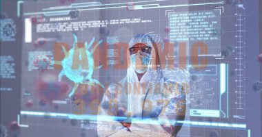 Coperid 19 hücre görüntüsü ve beyaz takım elbiseli beyaz erkek doktor üzerindeki veriler. küresel covid 19 salgın, sağlık hizmetleri ve veri işleme kavramı dijital olarak oluşturulmuş görüntü.