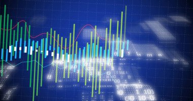 Finansal veriler ve borsa görüntüsü dijital dünya haritası üzerinde. Finans, veri görselleştirme, ekonomik, küresel, yatırım, ticaret
