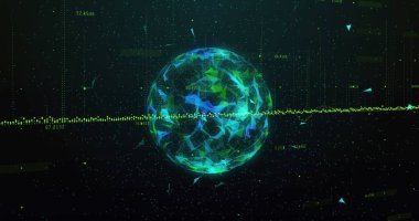 Siyah arkaplanda grafikler olan daire ve çubukları yükleyen grafiğin ve dünyanın resmi. Dijital olarak üretilen, hologram, illüstrasyon, rapor, iş, ilerleme ve küreselleşme kavramı.