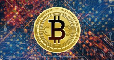 Anakart üzerinden aktarılan verinin üzerinde dönen bitcoin görüntüsü. Bağlantı, veri, işleme, dijital arayüz, finans, kripto para birimi ve iletişim, dijital olarak oluşturulmuş resim.