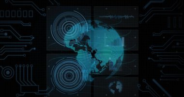 Çemberler, grafikler, dünya üzerindeki devre kartı desenleri siyah arkaplana karşı. Dijital olarak üretilmiş, hologram, küreselleşme, rapor, iş, ilerleme ve teknoloji kavramı.