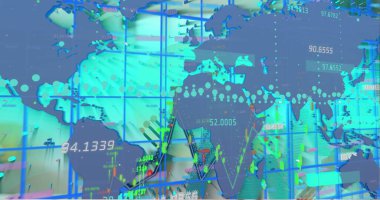 DNA ipliği ve dünya haritası üzerinde veri işleme resmi. Küresel eğitim ve dijital arayüz kavramı dijital olarak oluşturulmuş görüntü.