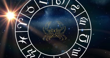 Image of cancer star sign with horoscope wheel spinning over stars on blue background. zodiac signs and astrology concept digitally generated image.