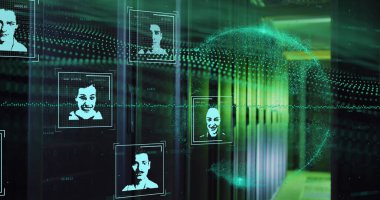 Grafik ve değişen sayılarla dijital profil resmi dinamik dalgalar ve dünya üzerinde. Dijital olarak oluşturulmuş, hologram, illüstrasyon, nft, report, business, data ve küreselleşme kavramı.