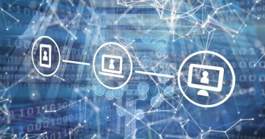 Bağlantılar, ikili kod ve sunucular yerine teknik simgelerin görüntüsü. Ağ, bağlantılar, iletişim ve teknoloji konsepti dijital olarak oluşturuldu.