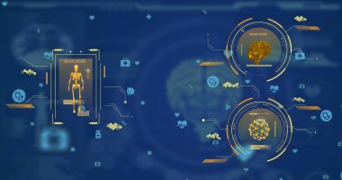 Bilimsel veri işleme ile insan beyni ve bedeni görüntüsü. Küresel tıp, bilim, araştırma ve veri işleme kavramı dijital olarak oluşturulmuş görüntü.