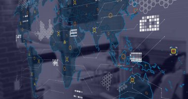 Finansal veri işleme ve dünya haritası ofiste. Küresel finans, iş, bağlantılar, hesaplama ve veri işleme kavramı dijital olarak oluşturuldu.