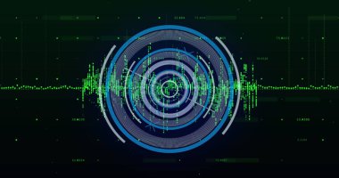 Veri simgesi yükleme ve işleme yeşil arkaplan üzerinde yeşil grafik. İletişim, veri ve dijital arayüz teknolojisi, dijital olarak oluşturulmuş görüntü.