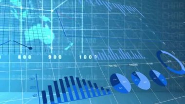 İş adamları finansal veriler ve dünya haritası animasyonları için el sıkışıyor. el sıkışma, anlaşma, ortaklık, finans, küresel, analitik