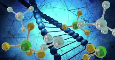 DNA iplikçiklerinin üzerinde dönen moleküllerin animasyonu. Küresel bilim, bağlantılar, hesaplama ve veri işleme kavramı, dijital olarak oluşturulmuş video.