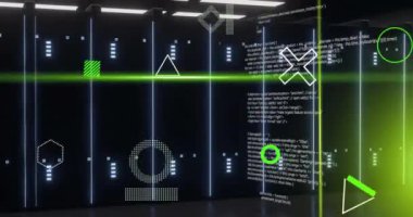 Bilgisayar sunucuları üzerinde dijital veri işleme animasyonu. Küresel bağlantılar, hesaplama ve veri işleme kavramı, dijital olarak oluşturulmuş video.