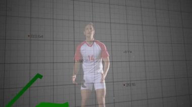 Yeşil çizgilerin yükseldiği bir grafikle futbol oyuncusunun hareket halindeki görüntüsü. Büyüme, ilerleme, başarı, istatistik, spor, analiz