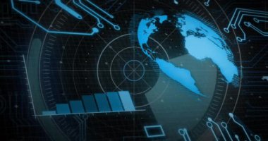 Bar şeması ve dijital devreli dünya haritası, veri analizi animasyonu. Analizler, bilgi, görselleştirme, küresel, teknoloji, siber