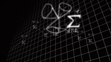 Matematiksel denklemler ve geometrik şekiller siyah şebeke üzerinde animasyon oluşturur. Matematik, geometri, bilim, formül, teknoloji, eğitim