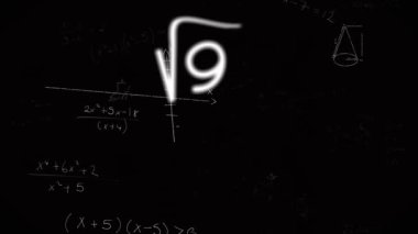 Karmaşık hesaplamalarla karatahta üzerinde matematiksel denklemler ve grafikler canlandırılıyor. Matematik, animasyon, eğitim, akademik
