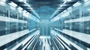 Fütürist sunucu odasında parlayan ışıklarla veri işleme animasyonu. Teknoloji, siber güvenlik, dijital konsept