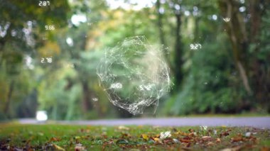 Bağlantılar ve veriler orman yolunda araçla yapılan animasyonları gösteriyor. Teknoloji, bağlantı, yenilik, haberleşme, ulaşım, dijital