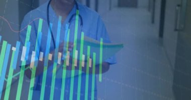 Hastane koridorundaki sağlık uzmanı üzerinde tıbbi veri analizi animasyonu. teknoloji, yenilik, araştırma, animasyon