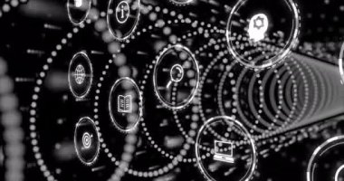 Noktaların soyut tüneli üzerinde dijital simgeler ve veri işleme animasyonu. Teknoloji, yenilik, fütüristik, ağ, siber