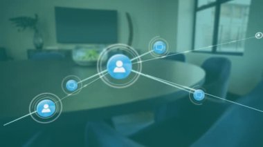 Ofis konferans odasında bağlantılar ve veri işleme animasyonu ağı. Teknoloji, ağ, bağlantı, dijital