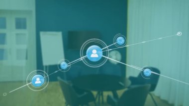 Ofis toplantı odasında bağlantılar ve veri işleme animasyonu ağı. Teknoloji, ağ oluşturma, dijital