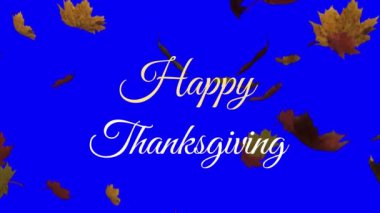 Sonbahar yaprakları üzerine düşen mutlu şükran günü metinlerinin animasyonu. Şükran Günü, şenlik, kutlama ve gelenek konsepti, dijital olarak oluşturulmuş video.
