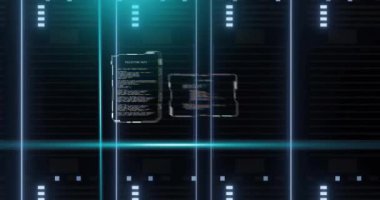 Bilgisayar sunucuları üzerinde dijital veri işleme animasyonu. Küresel bağlantılar, hesaplama ve veri işleme kavramı, dijital olarak oluşturulmuş video.