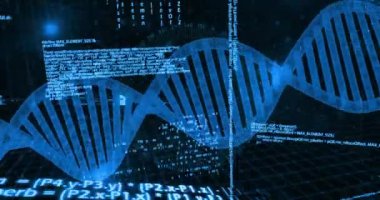 DNA ipliği üzerinde dijital veri işleme ikili kodlama animasyonu. Küresel bağlantılar, hesaplama ve veri işleme kavramı, dijital olarak oluşturulmuş video.