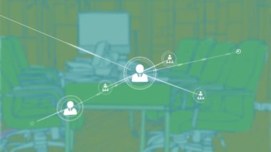 Ofis çalışma alanı üzerinde bağlantılar ve veri işleme animasyonu ağı. Teknoloji, dijital, iletişim