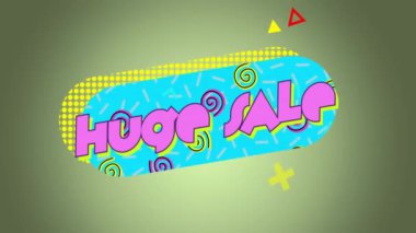 Yeşil arkaplanda renkli geometrik şekiller üzerine büyük indirimli metin animasyonu. Anlaşma, indirim, canlı, ticari, reklam, perakende