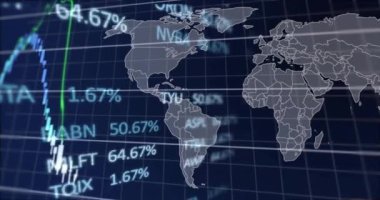 Diyagramlar ve dünya haritası üzerinde veri işleme animasyonu. Teknoloji, iş ve dijital arayüz kavramı, dijital olarak üretilen video.