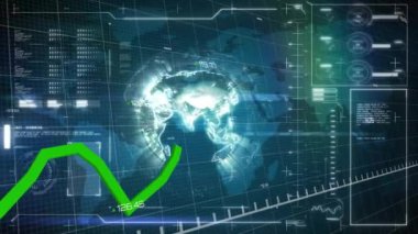 Dijital dünya haritası ve finansal veriler üzerinde yeşil çizgi grafik animasyonu. Finans, analitik, büyüme, ekonomi, teknoloji, hisse senedi kavramı