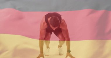 Beyaz erkek koşucunun üzerinde Alman bayrağının animasyonu. Küresel spor, rekabet ve vatanseverlik kavramı, dijital olarak üretilen video.