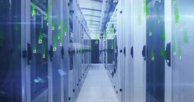 Bilgisayar sunucuları üzerinde ikili kodlama dijital veri işleme animasyonu. Küresel bağlantılar, hesaplama ve veri işleme kavramı, dijital olarak oluşturulmuş video.