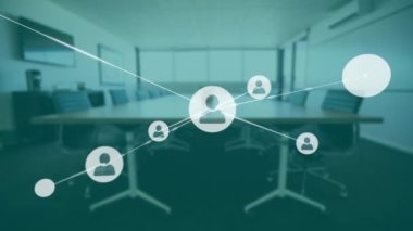 Boş ofis konferans odasında bağlantılar ve kullanıcı simgeleri animasyonu. Teknoloji, ağ, dijital, çalışma alanı, iş