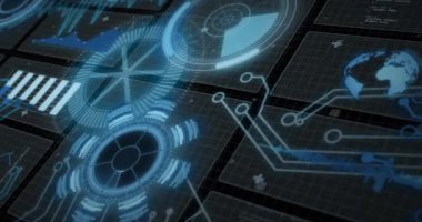 Şebeke arkaplanı üzerinde gelecekteki dijital arayüzün veri işleme ve holografik animasyonu. Teknoloji, yenilik, hologram konsepti