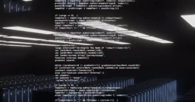 Bilgisayar sunucuları üzerinde dijital veri işleme animasyonu. Küresel bağlantılar, hesaplama ve veri işleme kavramı, dijital olarak oluşturulmuş video.