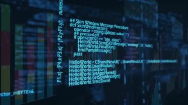 Karanlık arka planda bilgisayar kodu ve veri görselleştirmesi canlandırılıyor. Teknoloji, kodlama, programlama, animasyon, dijital, fütürist konsept