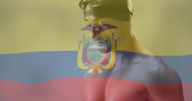 Beyaz erkek yüzücü üzerinde ekvator bayrağı animasyonu. Küresel spor, rekabet ve vatanseverlik kavramı, dijital olarak üretilen video.